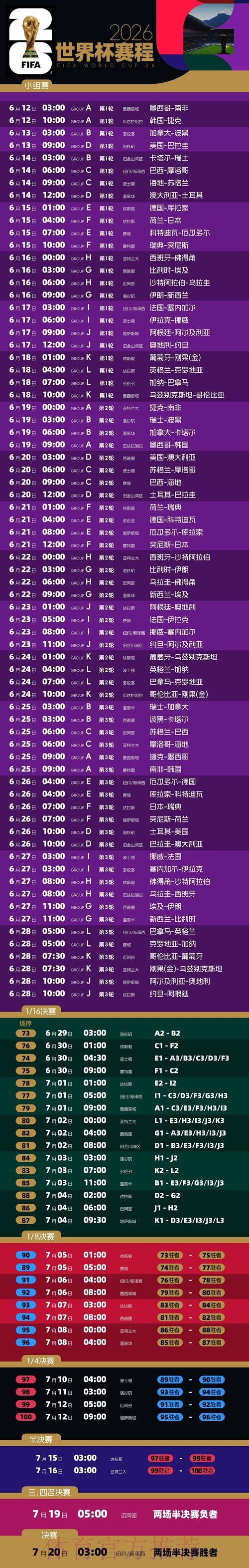 2026世界杯比赛时间一览完整安排实时查看